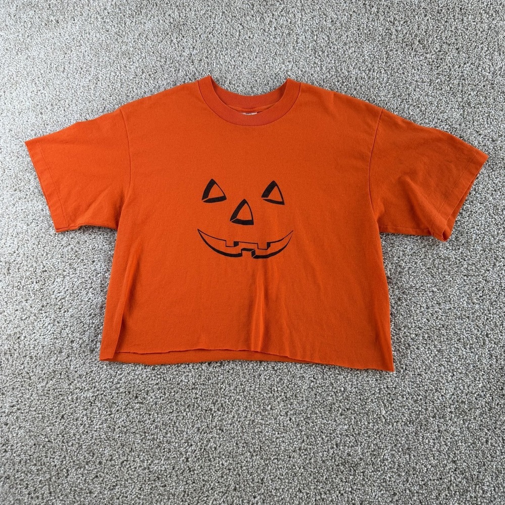Vintage Stedman Shirt Womens Large Crop Top Orange Jack O Lantern Pumpkin Tee